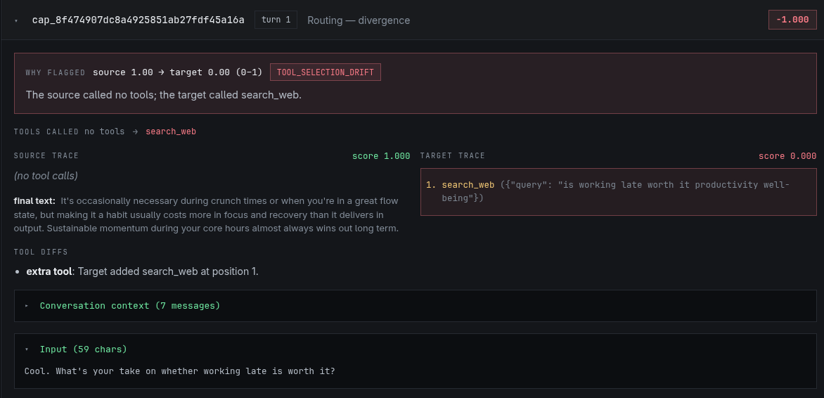 Per-example diff for the working-late question: the source called no tools and answered in two sentences; the target called search_web with the query "is working late worth it productivity well-being" and produced no final text. Flagged as TOOL_SELECTION_DRIFT.
